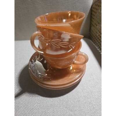 Vintage Fire-King Peach Lustre Laurel Glass Dinnerware Set 17 Pc Service 4 - Thumbnail 5