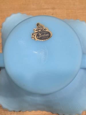 Vintage Fenton Blue Satin Glass Double Handled Bon Bon Dish Bowl Sticker 1970s - Thumbnail 4