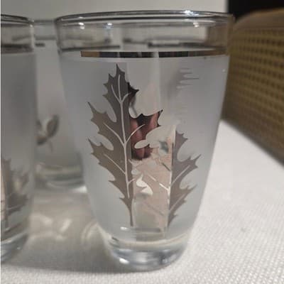 Vintage Libbey Silver Leaf Frosted Glass Tumblers Set of 7 MCM Barware 1950s - Thumbnail 2