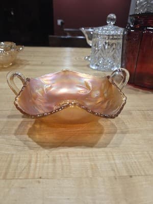 Vintage Fenton Strawberry Marigold Carnival Glass Handled Bonbon Bowl As Is - Thumbnail 6