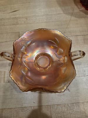 Vintage Fenton Strawberry Marigold Carnival Glass Handled Bonbon Bowl As Is - Thumbnail 5