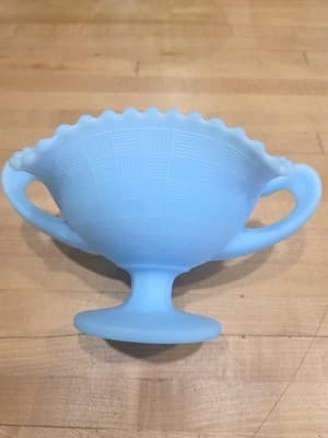 Vintage Fenton Blue Satin Glass Double Handled Bon Bon Dish Bowl Sticker 1970s - Thumbnail 3