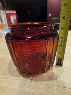 Vintage Amberina Ruby Red Glass Mayfair Open Rose Biscuit Jar Lid 7" UV Glow - Thumbnail 5