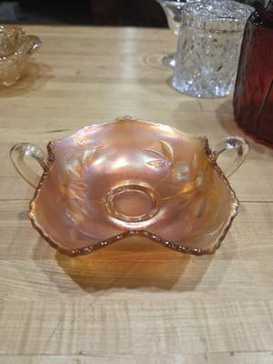 Vintage Fenton Strawberry Marigold Carnival Glass Handled Bonbon Bowl As Is - Thumbnail 7