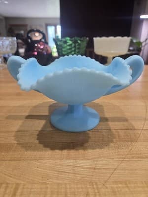 Vintage Fenton Blue Satin Glass Double Handled Bon Bon Dish Bowl Sticker 1970s - Thumbnail 2