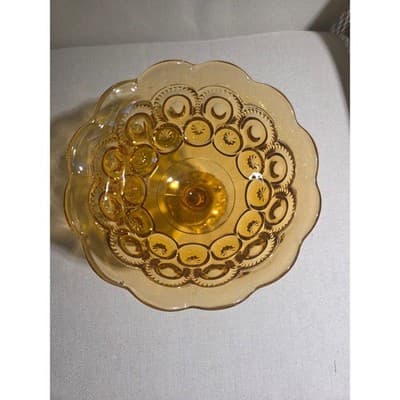 Vintage LE Smith Amber Glass Moon and Stars Flared Pedestal Compote Bowl 7.5" - Thumbnail 3