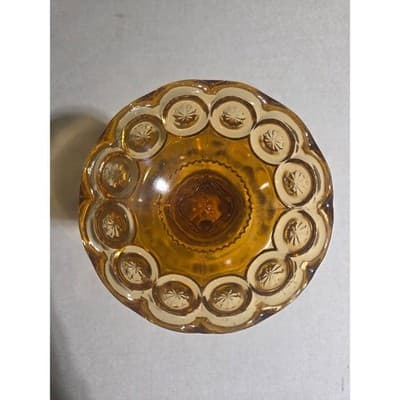 Vintage LE Smith Amber Glass Moon and Stars Flared Pedestal Compote Bowl 7.5" - Thumbnail 5