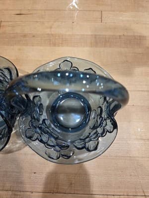 Indiana Glass Blue Pressed Floral Baskets Pair Vintage 1960s - Thumbnail 2
