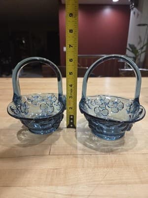 Indiana Glass Blue Pressed Floral Baskets Pair Vintage 1960s - Thumbnail 6
