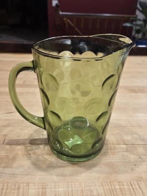 Vintage Hazel Atlas Eldorado Green Glass Pitcher Coin Dot MCM 56 oz Ice Lip - Thumbnail 4
