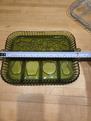 Pair of Vintage Indiana Glass Divided Relish Trays 12" Green and Clear - Thumbnail 3