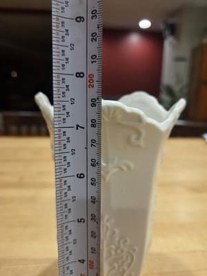 Vintage White Ceramic Porcelain Vase Urn Scalloped Rim Embossed Design - Thumbnail 5