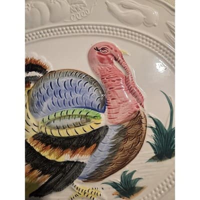 Vintage Thanksgiving Turkey Platter Large 18" Ceramic Embossed Made in Japan - Thumbnail 4