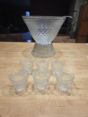 Vintage Anchor Hocking Wexford Glass Punch Bowl Set 18 Cups Hooks Ladle Base - Thumbnail 2