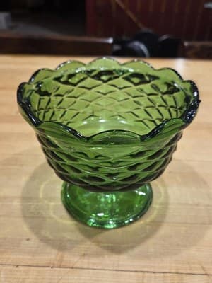 Vintage Indiana Glass Green Quilted Diamond Pedestal Candy Bowl Duette MCM - Thumbnail 5