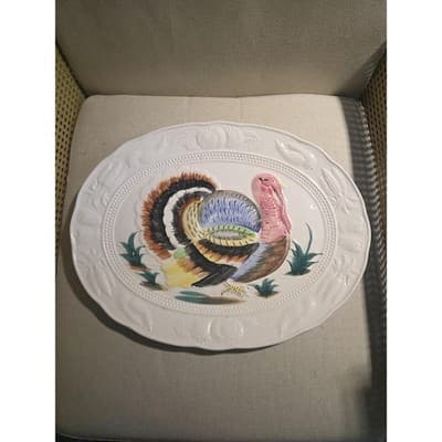 Vintage Thanksgiving Turkey Platter Large 18" Ceramic Embossed Made in Japan - Thumbnail 2