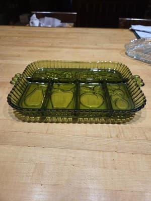 Pair of Vintage Indiana Glass Divided Relish Trays 12" Green and Clear - Thumbnail 5