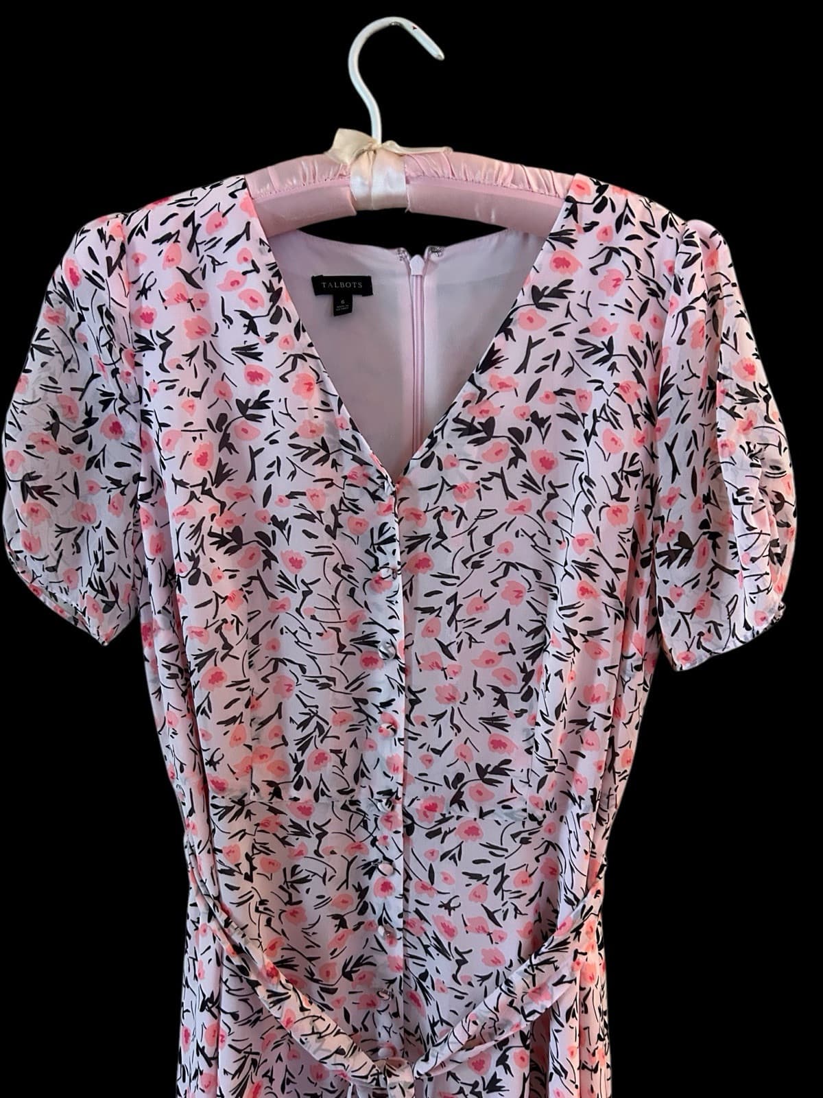 6 TALBOTS Pink Silk Belted Dress Gathered Sleeve Cottagecore Shabby Floral Chic - Thumbnail 5