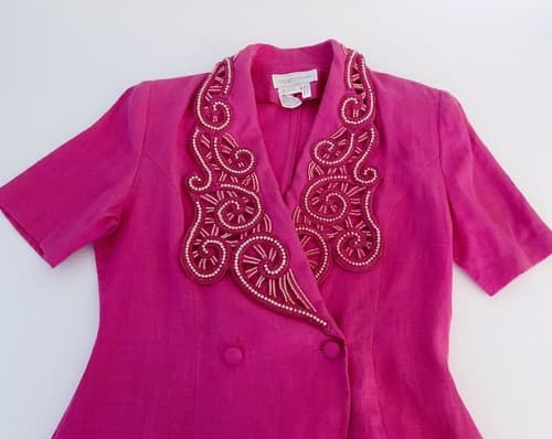 Vintage 1980’s Womens Jacket Orlando Rossi Avant Garde Pearl Bodice Pink Linen - Thumbnail 2