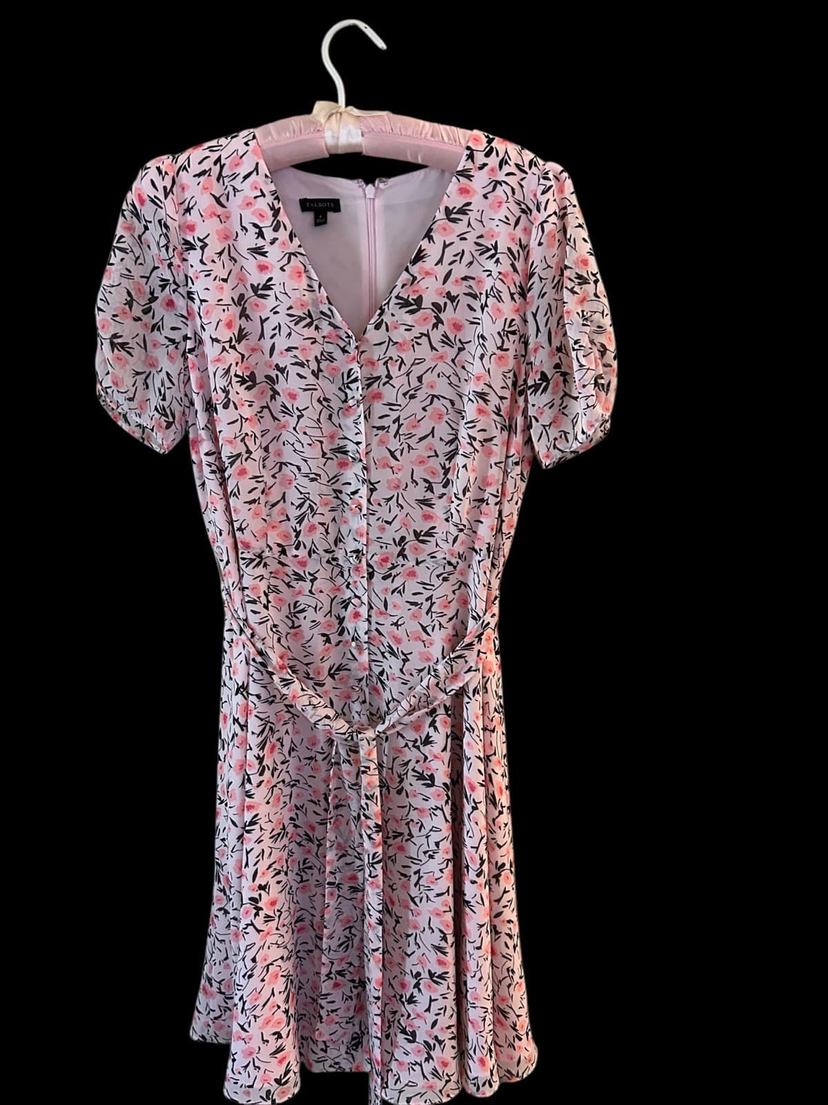 6 TALBOTS Pink Silk Belted Dress Gathered Sleeve Cottagecore Shabby Floral Chic - Thumbnail 6