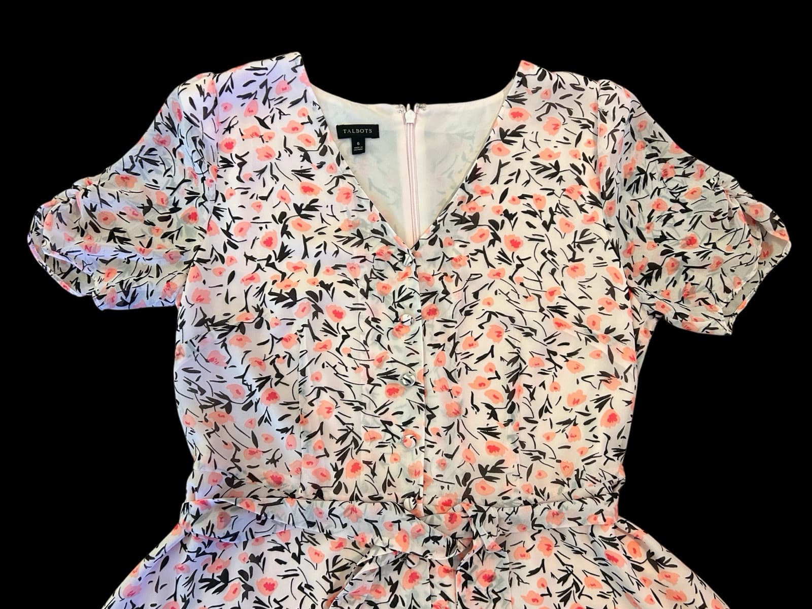 6 TALBOTS Pink Silk Belted Dress Gathered Sleeve Cottagecore Shabby Floral Chic - Thumbnail 11