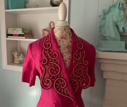 Vintage 1980’s Womens Jacket Orlando Rossi Avant Garde Pearl Bodice Pink Linen - Thumbnail 3