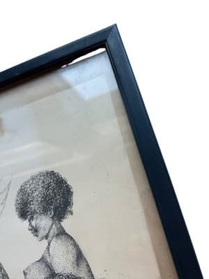 Vintage 1970’s Ink Drawing Framed African American Beauties Risqué Mermaid - Thumbnail 4
