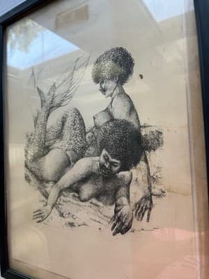Vintage 1970’s Ink Drawing Framed African American Beauties Risqué Mermaid - Thumbnail 8