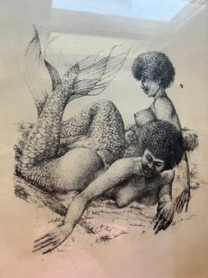 Vintage 1970’s Ink Drawing Framed African American Beauties Risqué Mermaid - Thumbnail 9