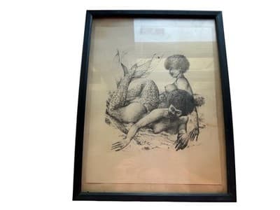 Vintage 1970’s Ink Drawing Framed African American Beauties Risqué Mermaid - Thumbnail 2