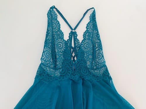 Nighty Lingerie L Babydoll Scalloped Lace Chemise Escante Teal Braided Back NWOT - Thumbnail 5