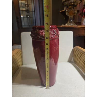 Vintage Hosley Potteries Burgundy Red Ceramic Rose Band Tall Vase 13.5" Ribbed - Thumbnail 8