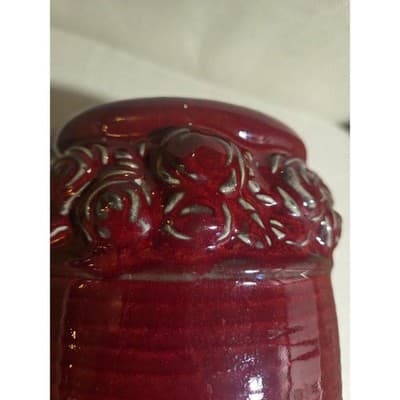 Vintage Hosley Potteries Burgundy Red Ceramic Rose Band Tall Vase 13.5" Ribbed - Thumbnail 2