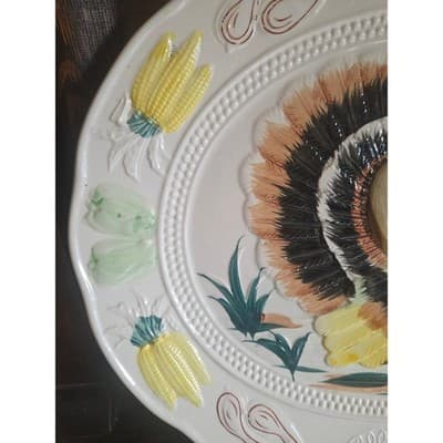 Vintage Thanksgiving Turkey Platter Large 18" Ceramic Embossed Made in Japan - Thumbnail 2