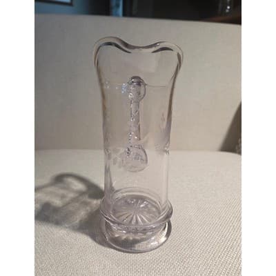 Vintage Etched Glass Pitcher Zipper Notched Handle Fern Leaf Design Starburst - Thumbnail 3