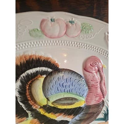 Vintage Thanksgiving Turkey Platter Large 18" Ceramic Embossed Made in Japan - Thumbnail 5