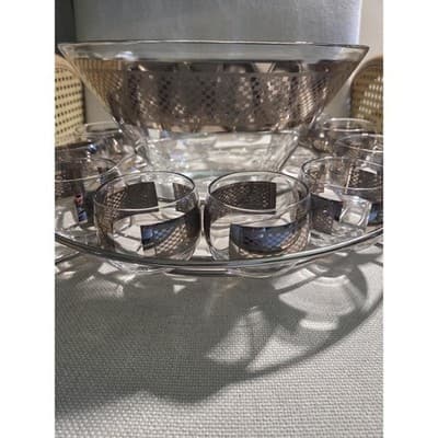 Vintage MCM Queen's Lusterware Silver Checkerboard Punch Bowl Set 12 Cups Caddy - Thumbnail 4