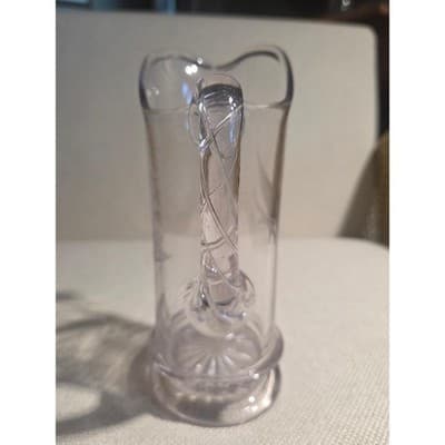 Vintage Etched Glass Pitcher Zipper Notched Handle Fern Leaf Design Starburst - Thumbnail 2