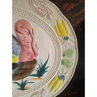Vintage Thanksgiving Turkey Platter Large 18" Ceramic Embossed Made in Japan - Thumbnail 4