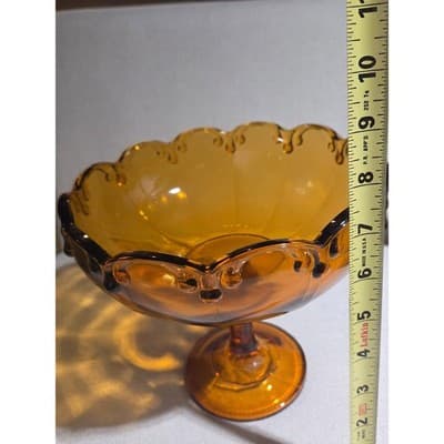 Vtg MCM Indiana Glass Amber Teardrop Pedestal Fruit Compote Bowl Candy Dish 8" - Thumbnail 6