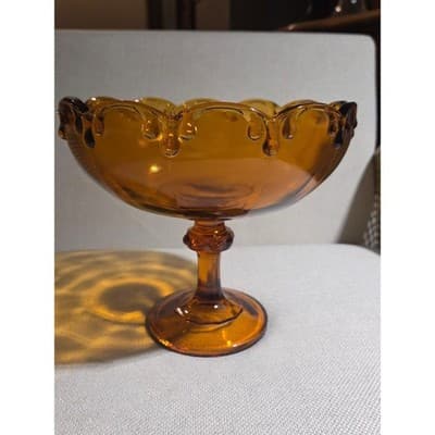 Vtg MCM Indiana Glass Amber Teardrop Pedestal Fruit Compote Bowl Candy Dish 8" - Thumbnail 2