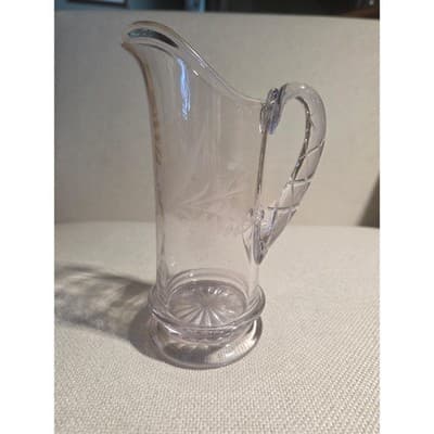 Vintage Etched Glass Pitcher Zipper Notched Handle Fern Leaf Design Starburst - Thumbnail 4