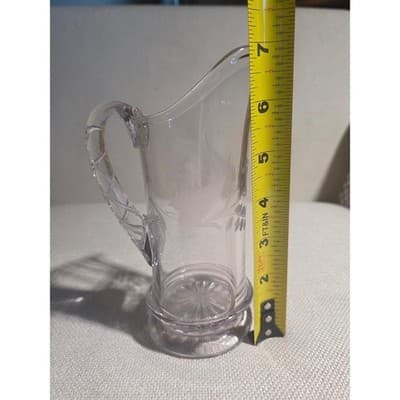 Vintage Etched Glass Pitcher Zipper Notched Handle Fern Leaf Design Starburst - Thumbnail 5