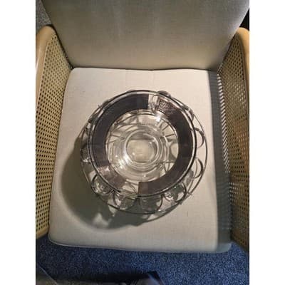 Vintage MCM Queen's Lusterware Silver Checkerboard Punch Bowl Set 12 Cups Caddy - Thumbnail 2