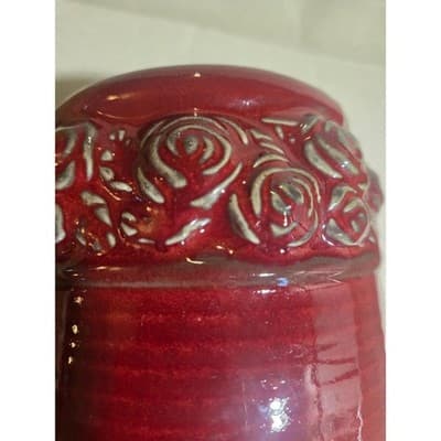Vintage Hosley Potteries Burgundy Red Ceramic Rose Band Tall Vase 13.5" Ribbed - Thumbnail 3