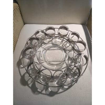 Vintage MCM Queen's Lusterware Silver Checkerboard Punch Bowl Set 12 Cups Caddy - Thumbnail 5