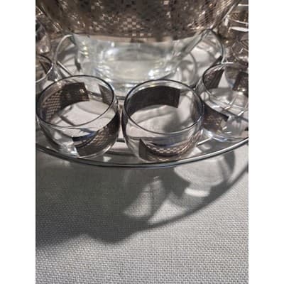 Vintage MCM Queen's Lusterware Silver Checkerboard Punch Bowl Set 12 Cups Caddy - Thumbnail 3