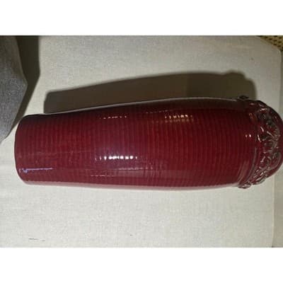 Vintage Hosley Potteries Burgundy Red Ceramic Rose Band Tall Vase 13.5" Ribbed - Thumbnail 5