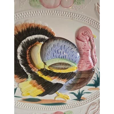 Vintage Thanksgiving Turkey Platter Large 18" Ceramic Embossed Made in Japan - Thumbnail 3