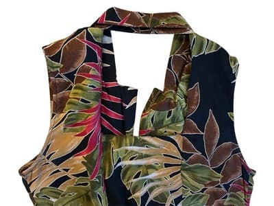 Vintage Long Floral Boho Sundress Earthy Green Tan Leaf Halter Soft Flowy Rayon - Thumbnail 6